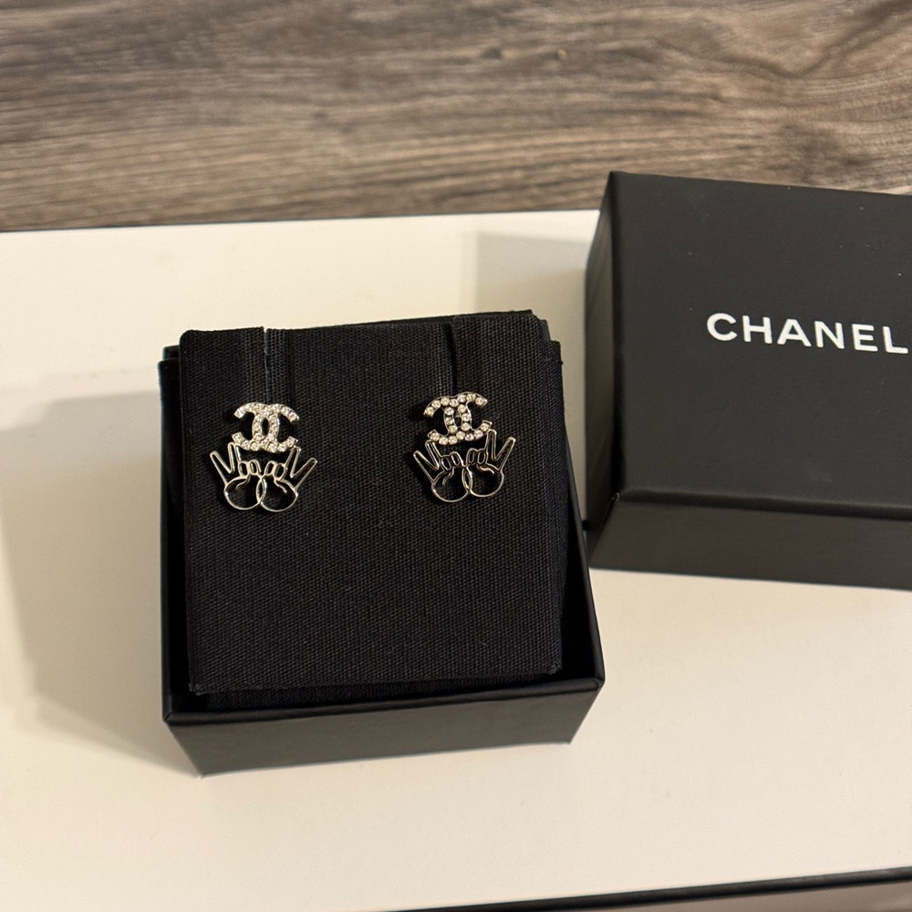 Chanel Silver Crystal CC Peace Sign Statement Earrings